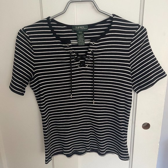 Vintage Cotton Ralph Lauren Ribbed T-Shirt Horizontal Stripes Front Lacing - Picture 1 of 7